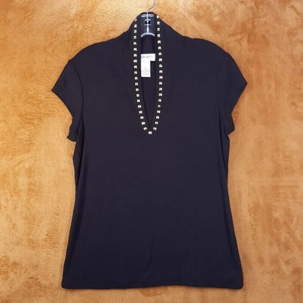 CARMEN MARC VALVO Womens Top Medium Black Pullover Studded VNeck Stretch Rayon - Picture 1 of 6
